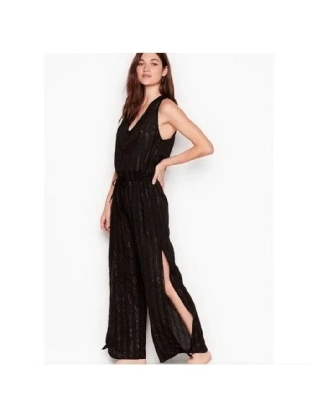La Blanca Black Metallic Gold Pinstripe Coverup Jumpsuit - Picture 2 of 9